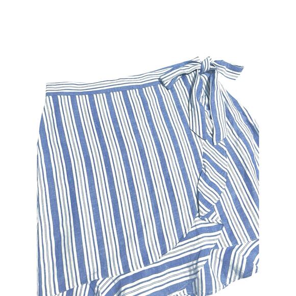 Loft Blue White Striped Faux Wrap Linen Skirt Ruffle Bow Tie Size 12 - Picture 2 of 12